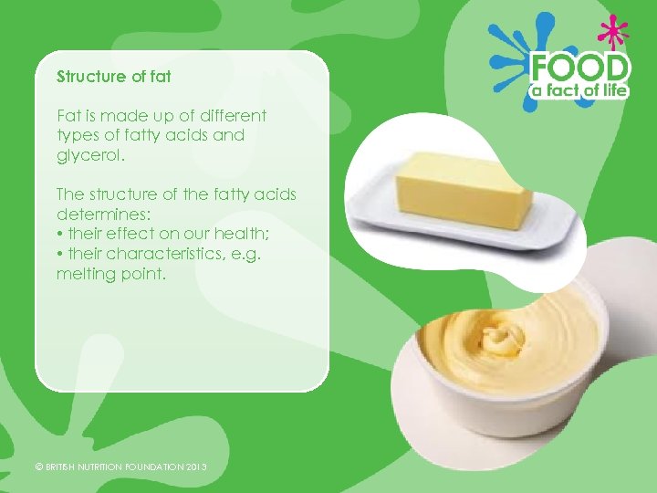 Structure of fat Fat is made up of different types of fatty acids and