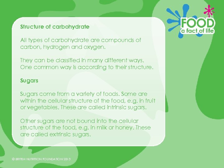 Structure of carbohydrate All types of carbohydrate are compounds of carbon, hydrogen and oxygen.