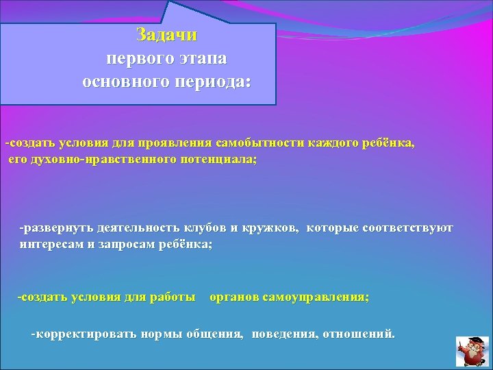 Задачи первого этапа основного периода: -создать условия для проявления самобытности каждого ребёнка, его духовно-нравственного