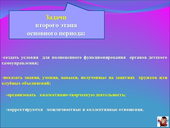 Задачи второго этапа основного периода: -создать условия для полноценного функционирования органов детского самоуправления; -показать