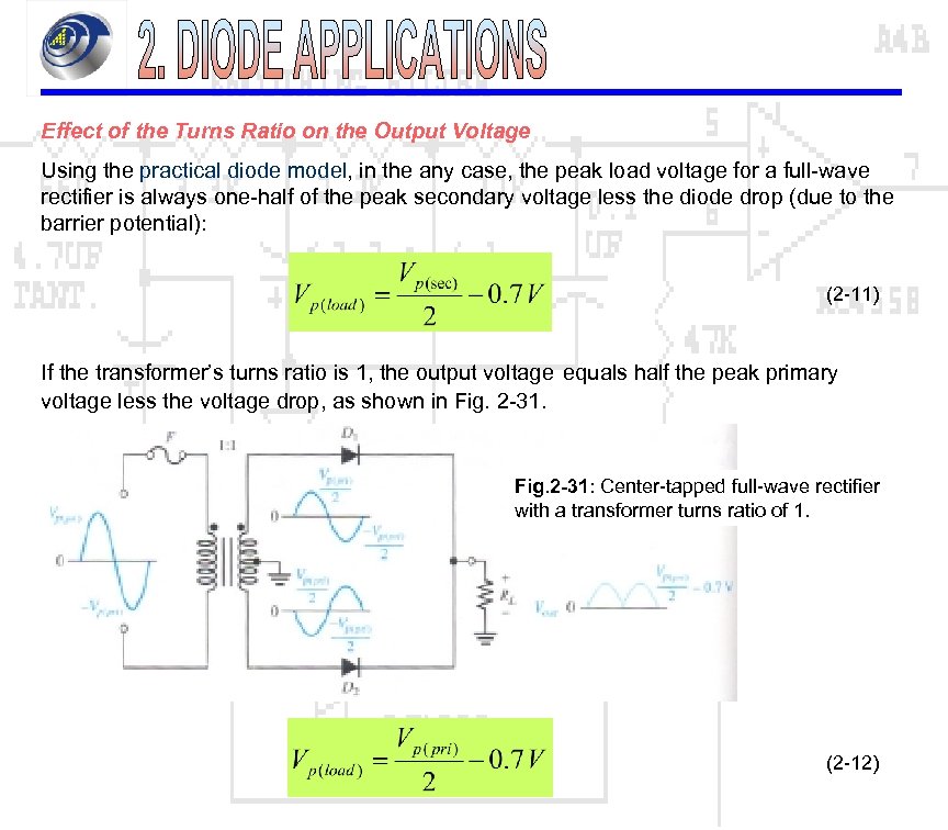 Effect of the Turns Ratio on the Output Voltage Using the practical diode model,