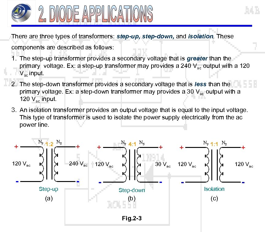 There are three types of transformers: step-up, step-down, and isolation. These components are described