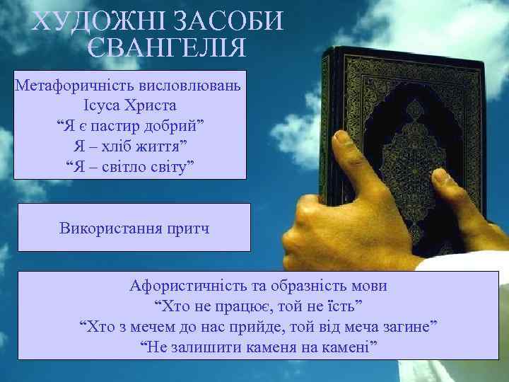 ХУДОЖНІ ЗАСОБИ ЄВАНГЕЛІЯ Метафоричність висловлювань Ісуса Христа “Я є пастир добрий” Я – хліб