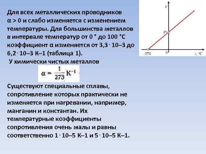 Для всех металлических проводников α > 0 и слабо изменяется с изменением температуры. Для