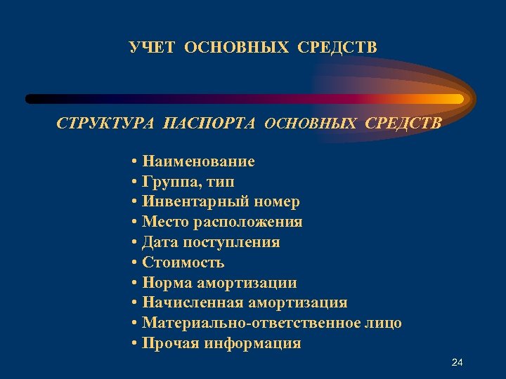 УЧЕТ ОСНОВНЫХ СРЕДСТВ СТРУКТУРА ПАСПОРТА ОСНОВНЫХ СРЕДСТВ • Наименование • Группа, тип • Инвентарный