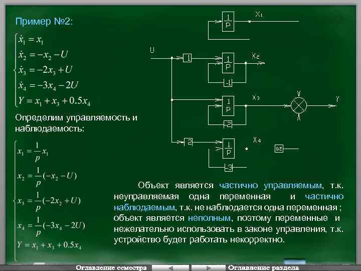 Пример № 2: Определим управляемость и наблюдаемость: Объект является частично управляемым, т. к. неуправляемая