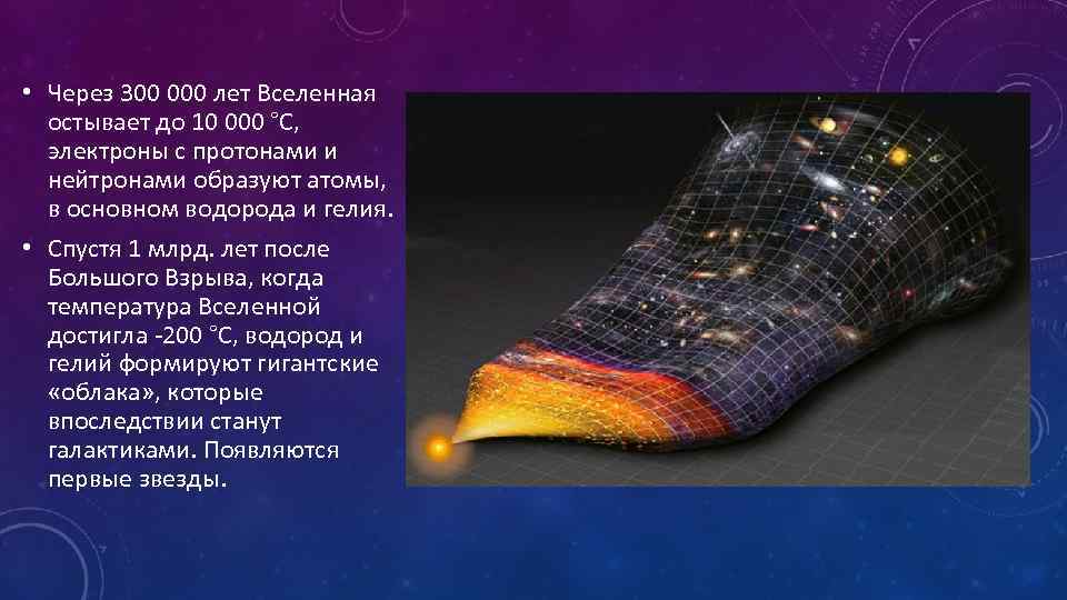  • Через 300 000 лет Вселенная остывает до 10 000 °C, электроны с