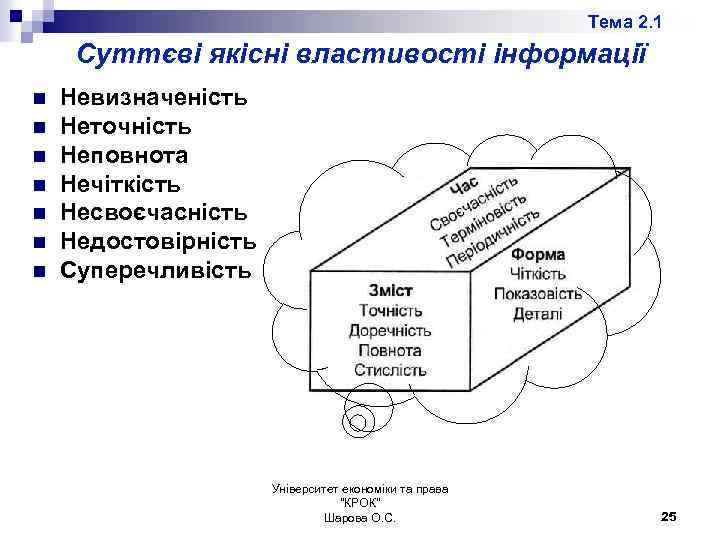 Тема 2. 1 Суттєві якісні властивості інформації n n n n Невизначеність Неточність Неповнота