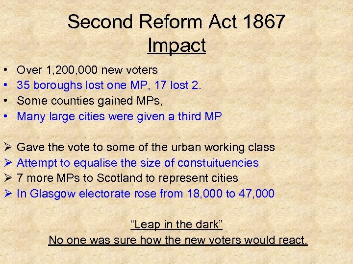 Second Reform Act 1867 Impact • • Over 1, 200, 000 new voters 35