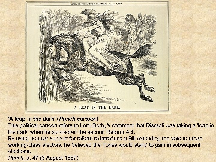 'A leap in the dark' (Punch cartoon) This political cartoon refers to Lord Derby's