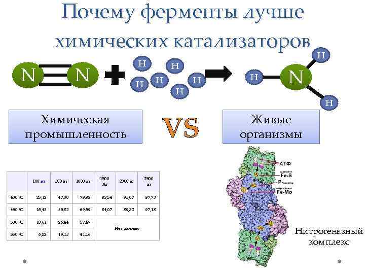 Почему ферменты лучше химических катализаторов N H H H VS Химическая промышленность 100 ат