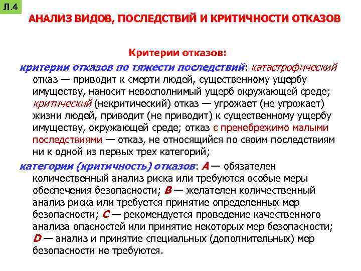 Л. 4 АНАЛИЗ ВИДОВ, ПОСЛЕДСТВИЙ И КРИТИЧНОСТИ ОТКАЗОВ Критерии отказов: критерии отказов по тяжести