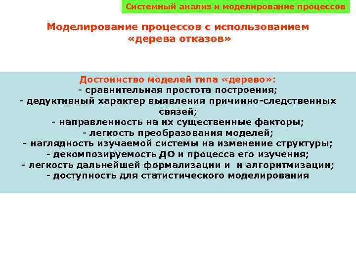 Системный анализ и моделирование процессов Моделирование процессов с использованием «дерева отказов» Достоинство моделей типа