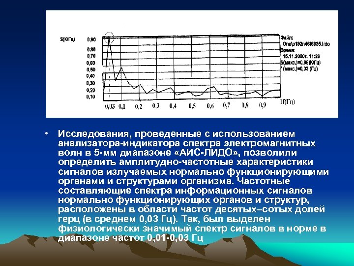  • Исследования, проведенные с использованием анализатора-индикатора спектра электромагнитных волн в 5 -мм диапазоне