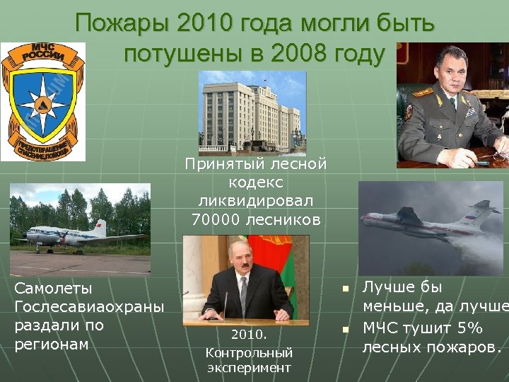 Пожары 2010 года могли быть потушены в 2008 году Принятый лесной кодекс ликвидировал 70000
