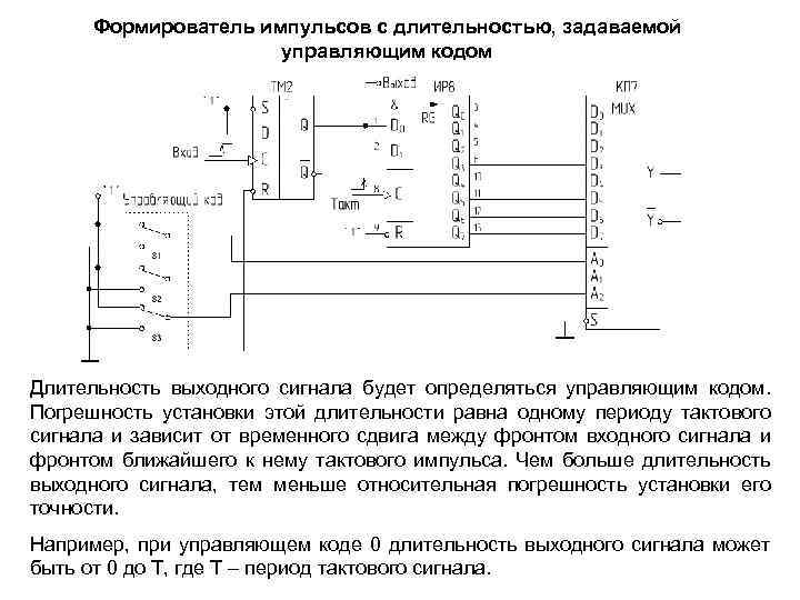 Формирователь импульсов с длительностью, задаваемой управляющим кодом Длительность выходного сигнала будет определяться управляющим кодом.
