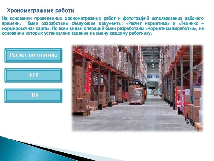 Хронометражные работы На основании проведенных хронометражных работ и фотографий использования рабочего времени, были разработаны