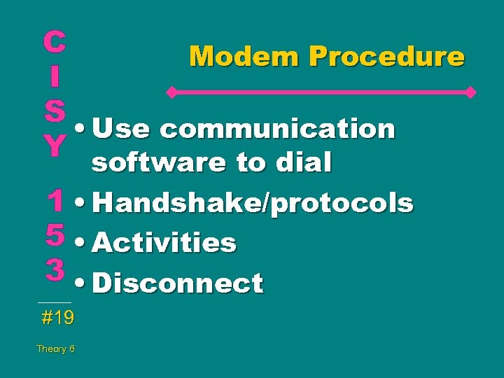 Modem Procedure • Use communication software to dial • Handshake/protocols • Activities • Disconnect