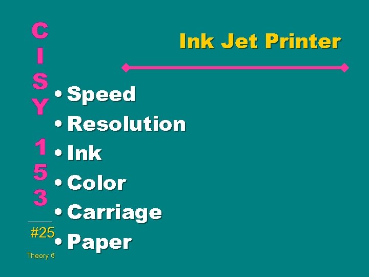 Ink Jet Printer • Speed • Resolution • Ink • Color • Carriage #25