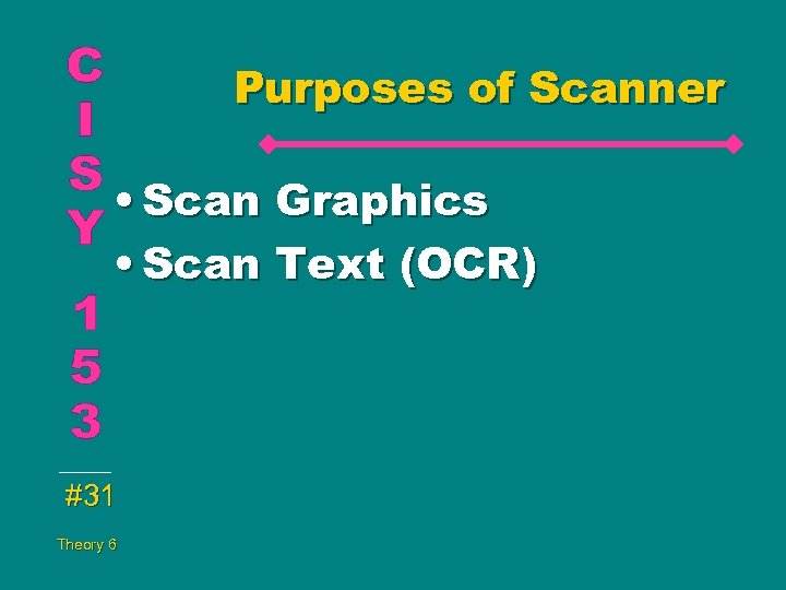 Purposes of Scanner • Scan Graphics • Scan Text (OCR) #31 Theory 6 