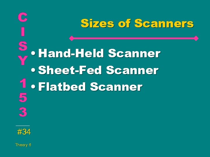 Sizes of Scanners • Hand-Held Scanner • Sheet-Fed Scanner • Flatbed Scanner #34 Theory