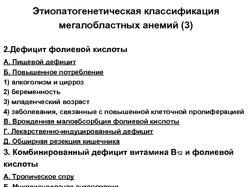 Этиопатогенетическая классификация мегалобластных анемий (3) 2. Дефицит фолиевой кислоты А. Пищевой дефицит Б. Повышенное