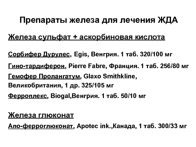 Препараты железа для лечения ЖДА Железа сульфат + аскорбиновая кислота Сорбифер Дурулес, Egis, Венгрия.