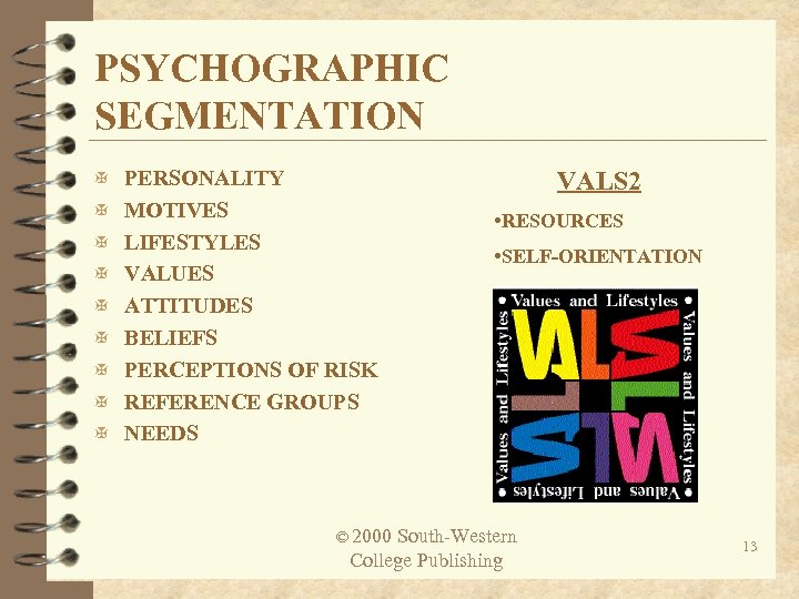 PSYCHOGRAPHIC SEGMENTATION X PERSONALITY VALS 2 X MOTIVES • RESOURCES X LIFESTYLES • SELF-ORIENTATION