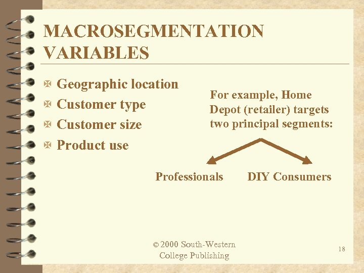 MACROSEGMENTATION VARIABLES X Geographic location X Customer type X Customer size For example, Home