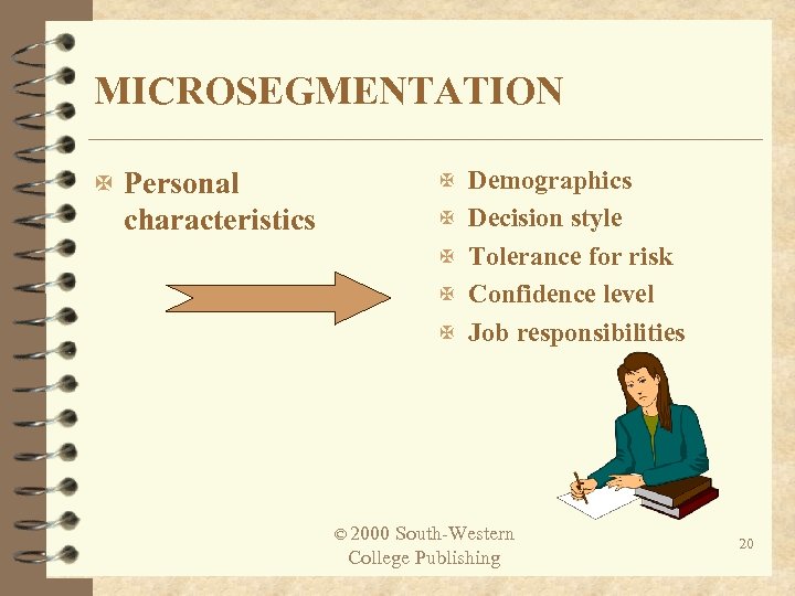 MICROSEGMENTATION X Demographics X Personal characteristics X Decision style X Tolerance for risk X