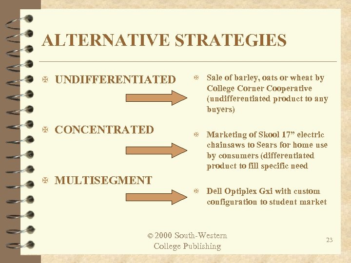 ALTERNATIVE STRATEGIES X UNDIFFERENTIATED X Sale of barley, oats or wheat by X CONCENTRATED