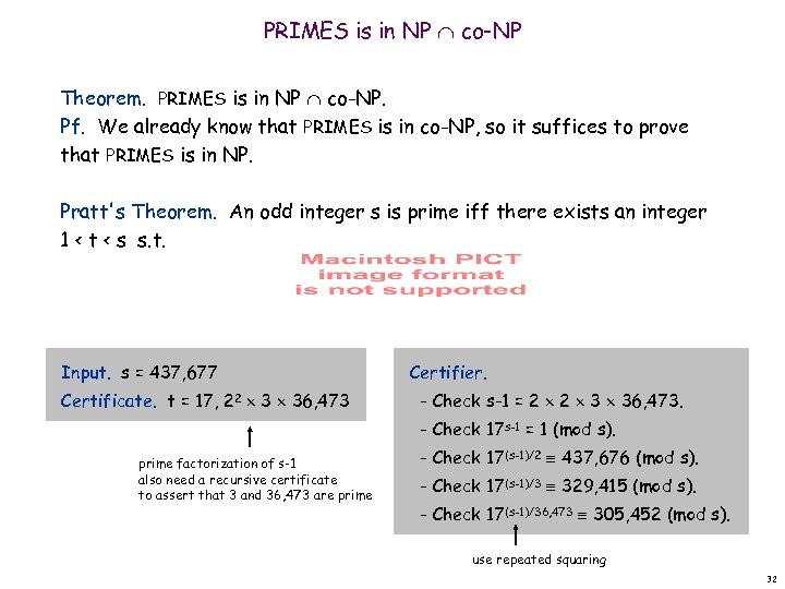 PRIMES is in NP co-NP Theorem. PRIMES is in NP co-NP. Pf. We already