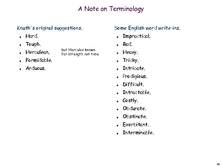 A Note on Terminology Knuth's original suggestions. n n n Hard. Tough. Herculean. Formidable.