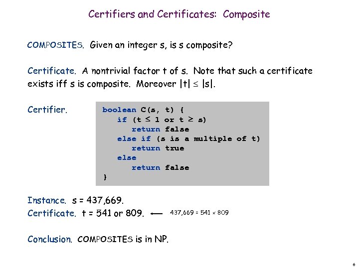 Certifiers and Certificates: Composite COMPOSITES. Given an integer s, is s composite? Certificate. A