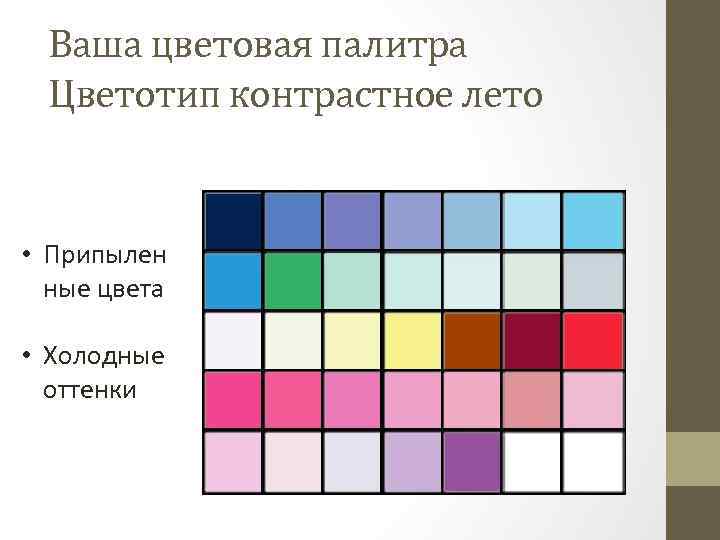 Ваша цветовая палитра Цветотип контрастное лето • Припылен ные цвета • Холодные оттенки 