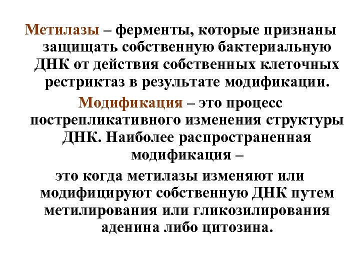 Метилазы – ферменты, которые признаны защищать собственную бактериальную ДНК от действия собственных клеточных рестриктаз