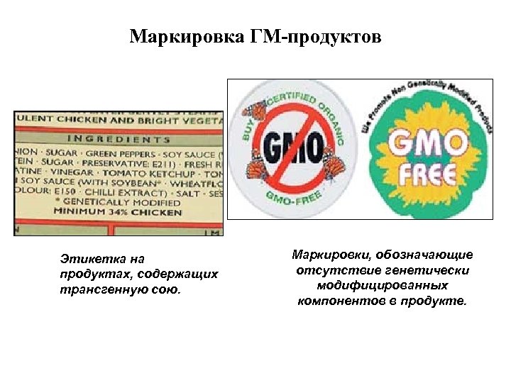 Маркировка ГМ-продуктов Этикетка на продуктах, содержащих трансгенную сою. Маркировки, обозначающие отсутствие генетически модифицированных компонентов