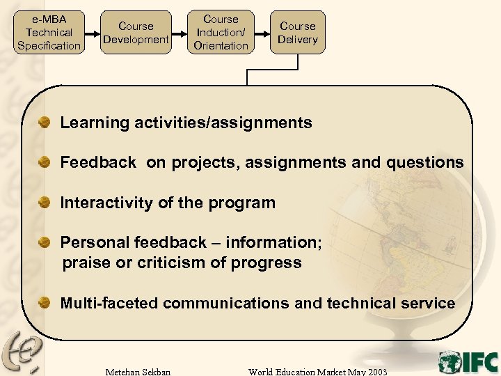 e-MBA Technical Specification Course Development Course Induction/ Orientation Course Delivery Learning activities/assignments Feedback on