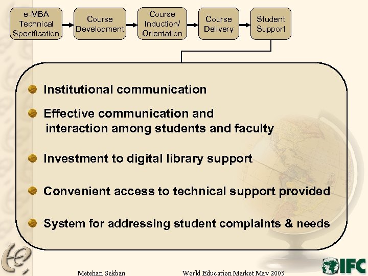 e-MBA Technical Specification Course Development Course Induction/ Orientation Course Delivery Student Support Institutional communication