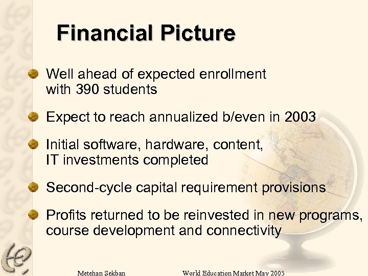 Financial Picture Well ahead of expected enrollment with 390 students Expect to reach annualized