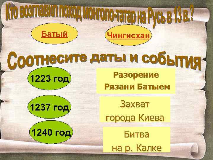 Батый Чингисхан 1223 год Разорение Рязани Батыем 1237 год Захват города Киева 1240 год