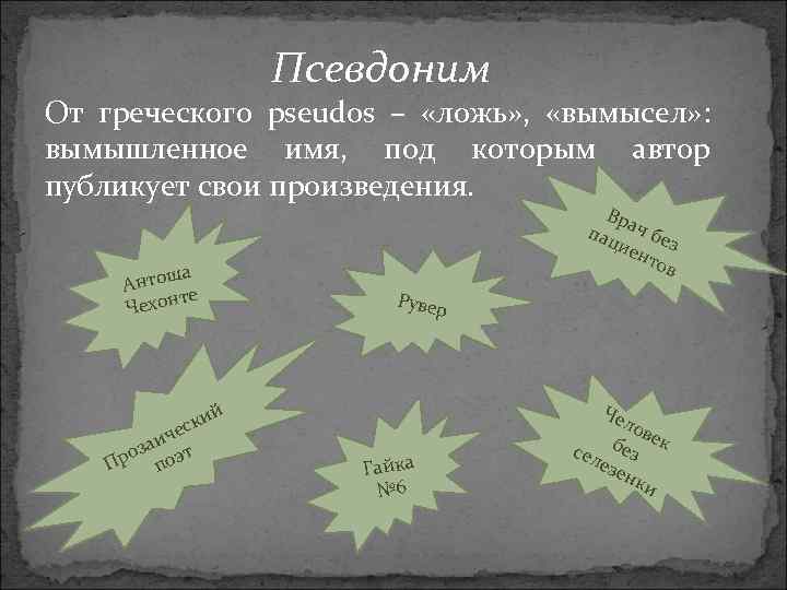 Псевдоним От греческого pseudos – «ложь» , «вымысел» : вымышленное имя, под которым автор