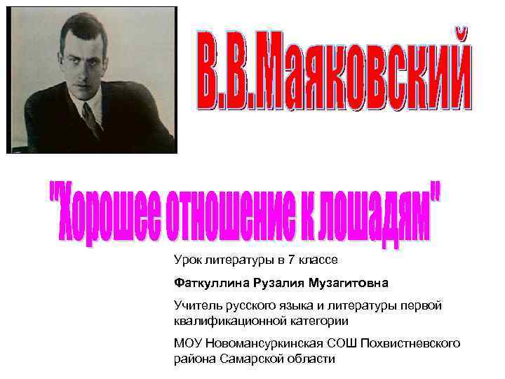 Урок литературы в 7 классе Фаткуллина Рузалия Музагитовна Учитель русского языка и литературы первой