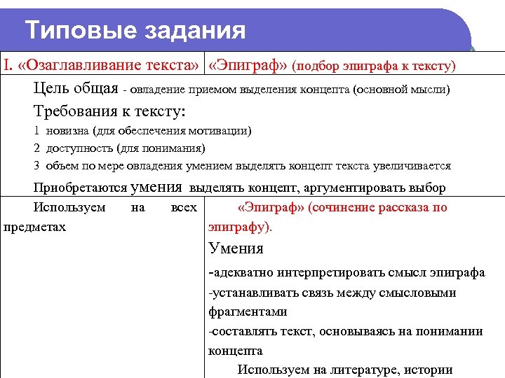 Типовые задания I. «Озаглавливание текста» «Эпиграф» (подбор эпиграфа к тексту) Цель общая - овладение