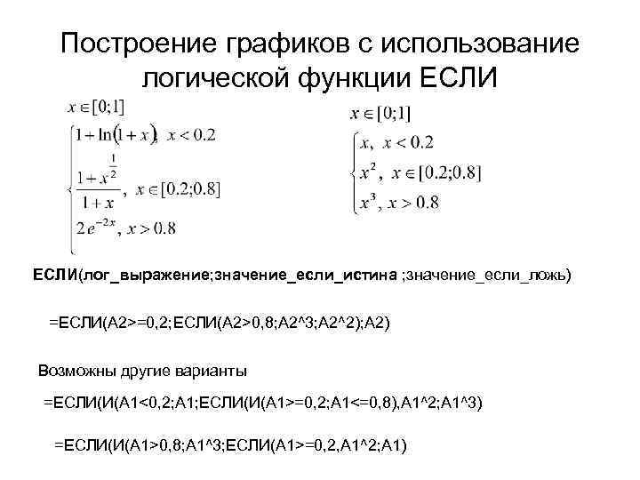 Построение графиков с использование логической функции ЕСЛИ(лог_выражение; значение_если_истина ; значение_если_ложь) =ЕСЛИ(A 2>=0, 2; ЕСЛИ(A