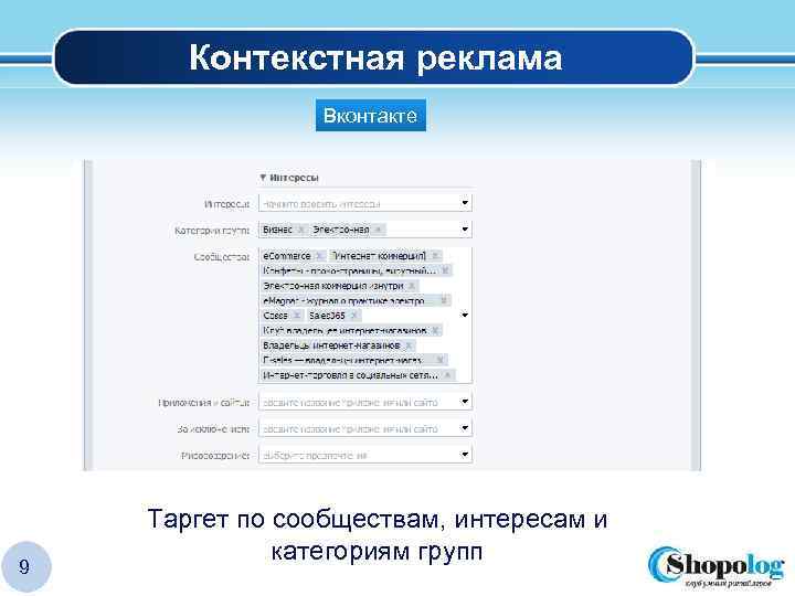 Контекстная реклама Вконтакте 9 Таргет по сообществам, интересам и категориям групп LOGO 
