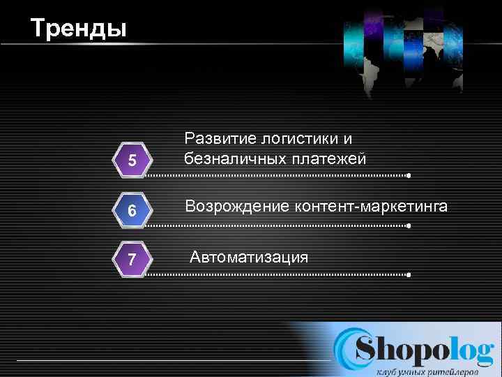 Тренды 5 Развитие логистики и безналичных платежей 6 Возрождение контент-маркетинга 7 Автоматизация http: //ppt.