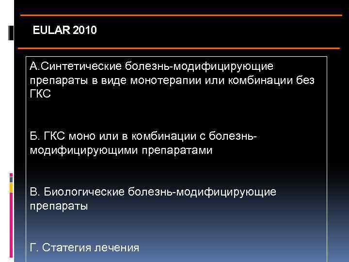 EULAR 2010 А. Синтетические болезнь-модифицирующие препараты в виде монотерапии или комбинации без ГКС Б.