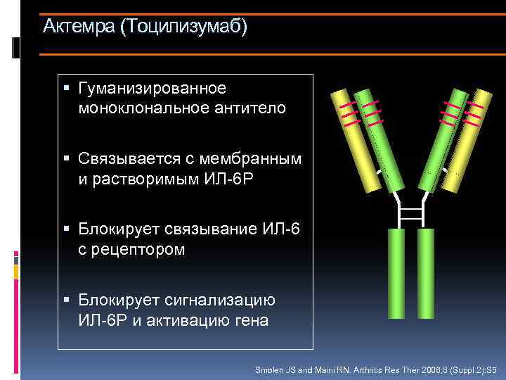 Актемра (Тоцилизумаб) Гуманизированное моноклональное антитело Связывается с мембранным и растворимым ИЛ-6 Р Блокирует связывание