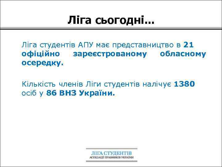 Ліга сьогодні. . . Ліга студентів АПУ має представництво в 21 офіційно зареєстрованому обласному